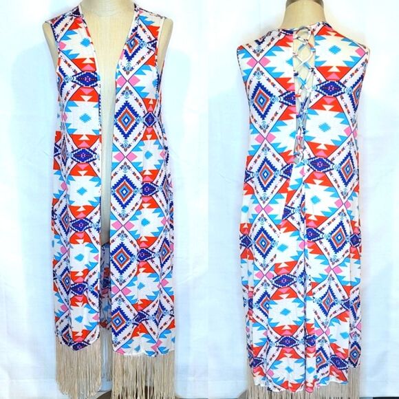 Rue 21 Aztec Boho Western Open Front Long Vest Fringe Cardigan Size Medium - Picture 1 of 7